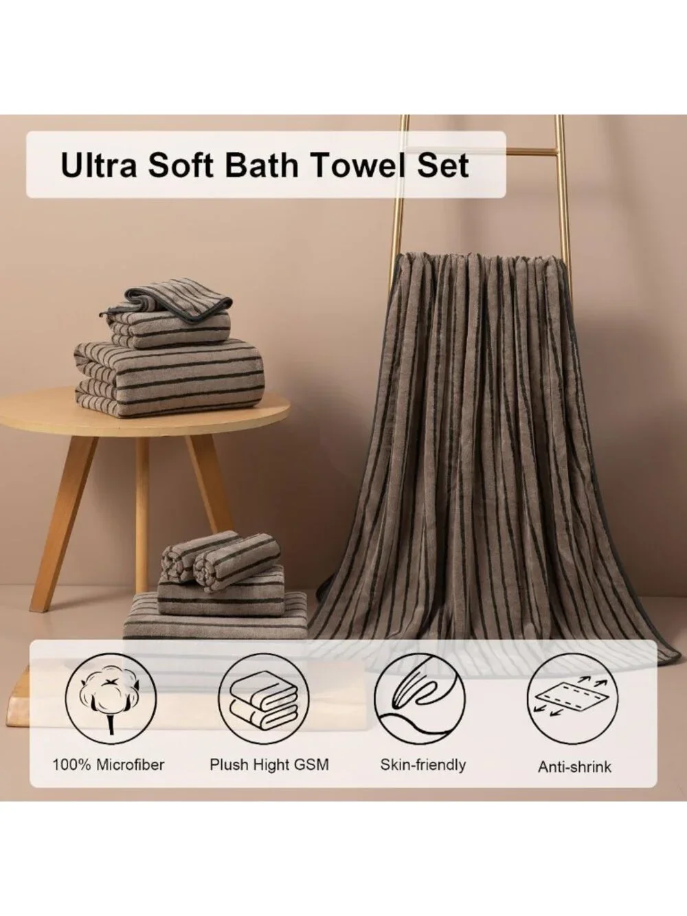 8-Piece Brown Stripe Bath Towel Set - Soft, Quick-Dry Towels for Spa, Gym